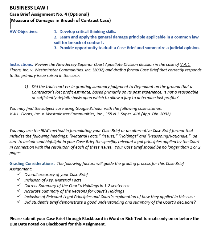 BUSINESS LAWI Case Brief Assignment No. 4
