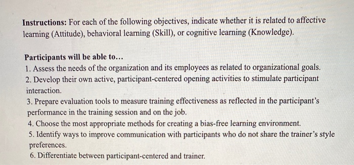 objectives are stated 1-6 under "particpants will