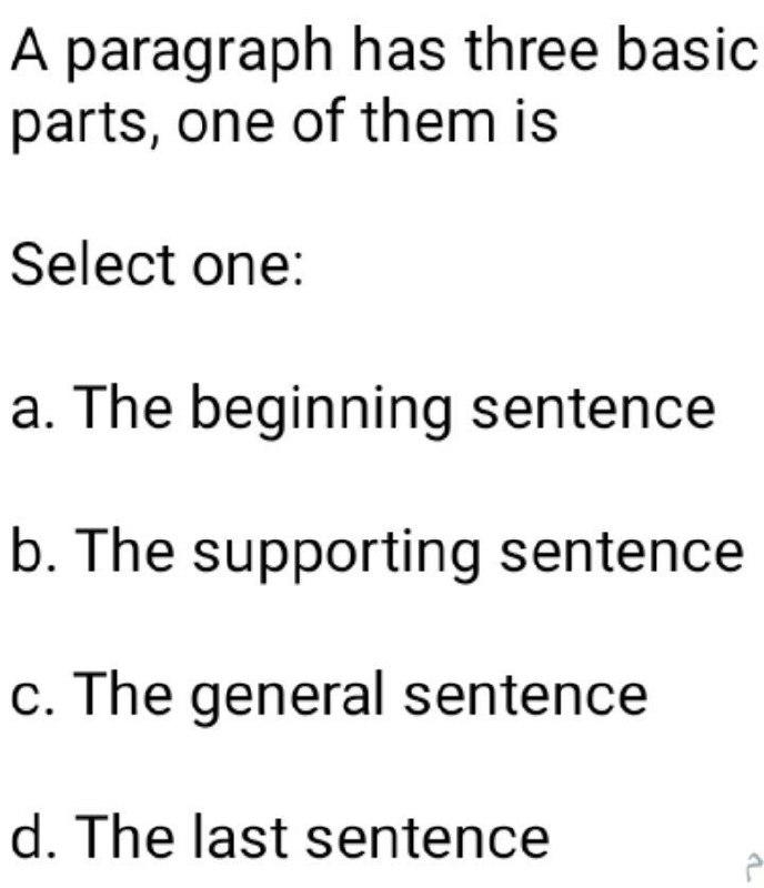 Awnser A paragraph has three basic parts, one of