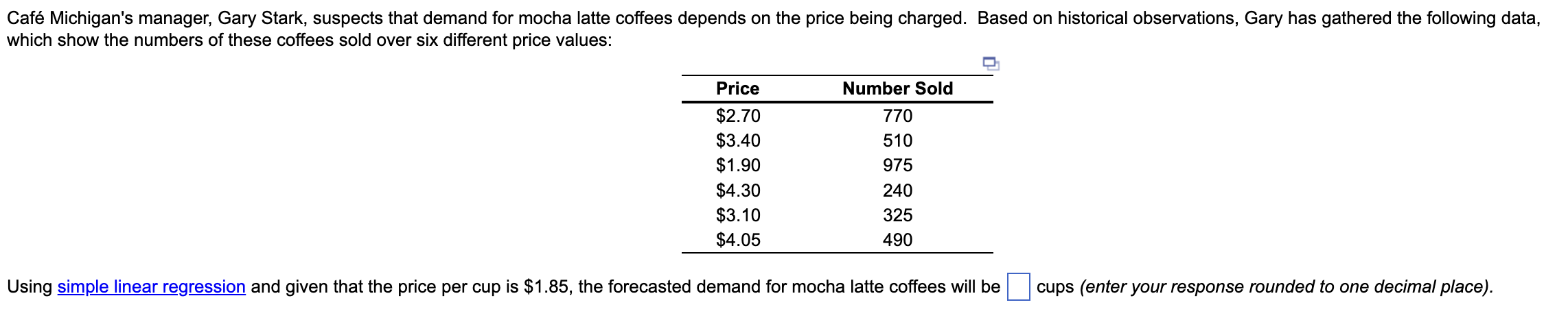 Using and given that the price per cup is $1.85,