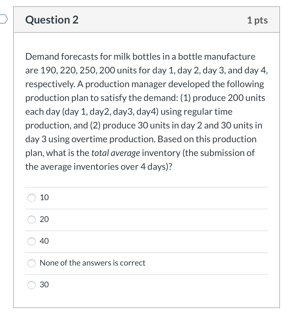 Question 2 1 pts Demand forecasts for milk