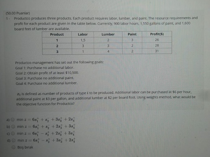 (50.00 Puanlar) 1 - Productco produces three