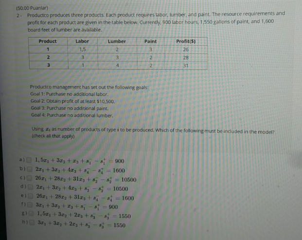 (50.00 Puanlar) 1 - Productco produces three