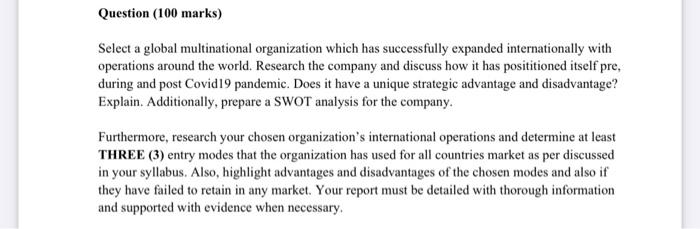 Question (100 marks) Select a global