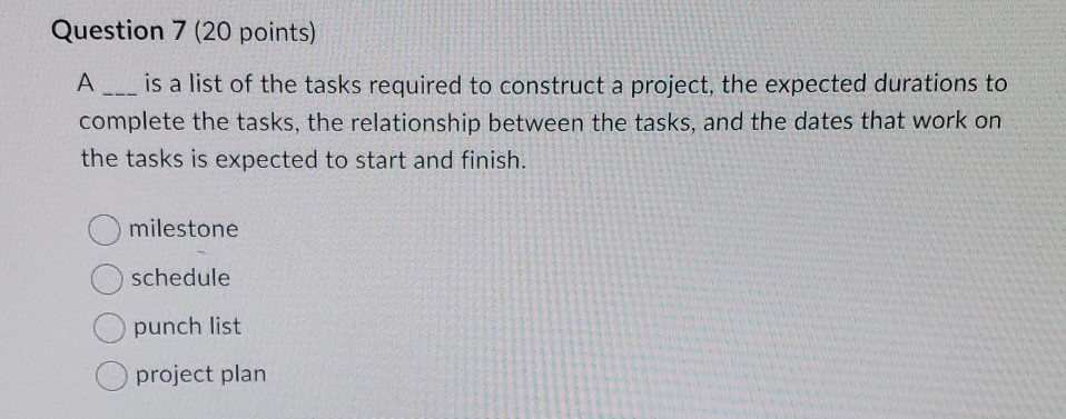 Question 7 (20 points) A ___ is a list of the