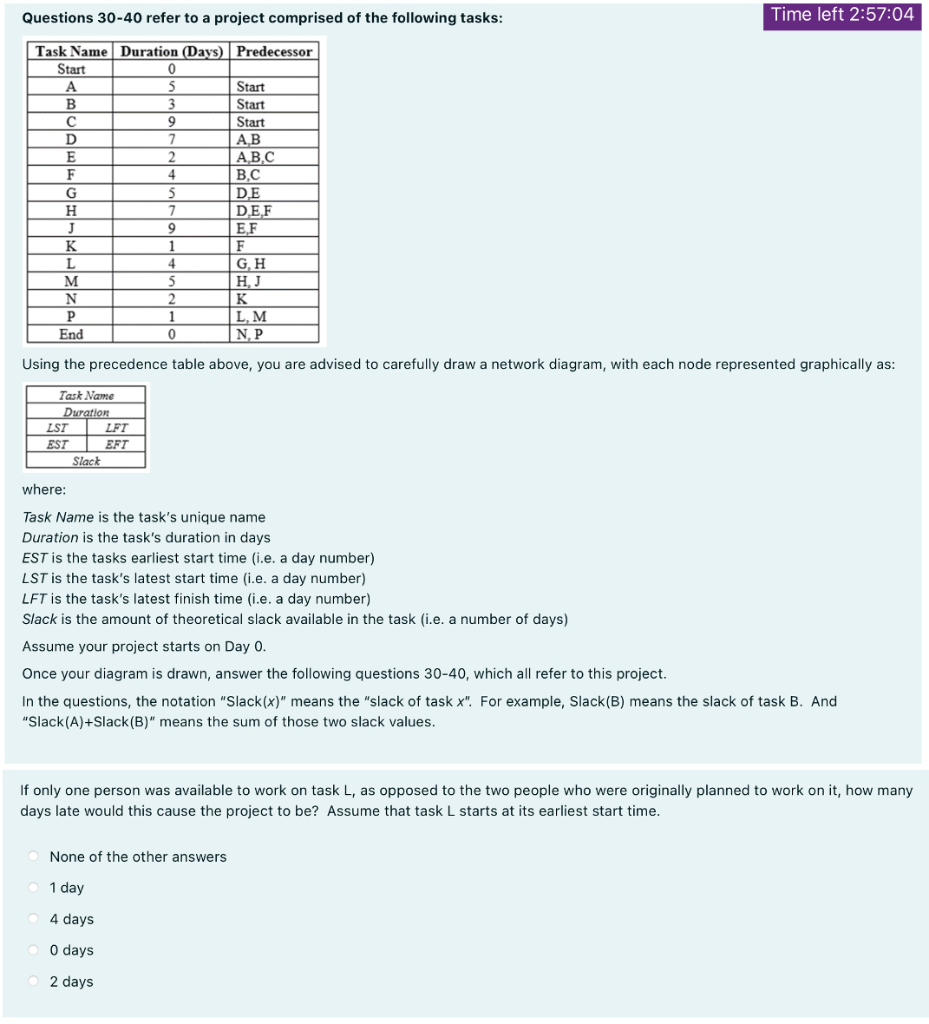 Time left 2:57:04 Questions 30-40 refer to a