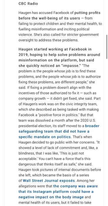 CBC Radio Haugen has accused Facebook of putting