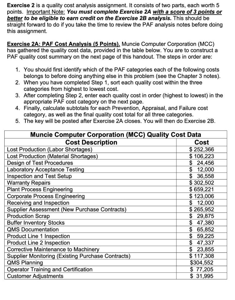 Exercise 2 is a quality cost analysis assignment.