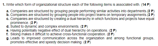 1. Write which form of organizational structure