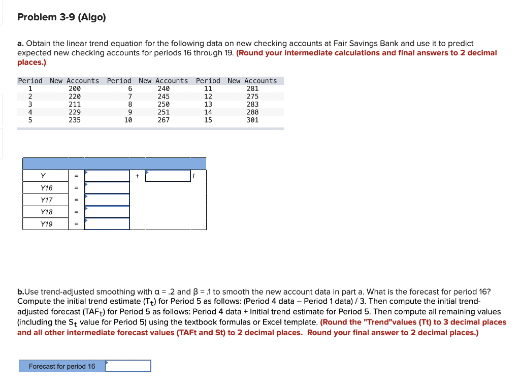 Problem 3-9 (Algo) a. Obtain the linear trend