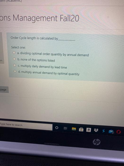 ons Management Fall20 Order Cycle length is