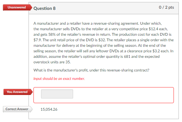 Unanswered Question 8 0/2 pts A manufacturer and