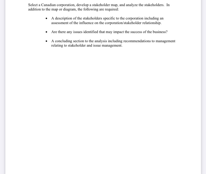 Select a Canadian corporation, develop a