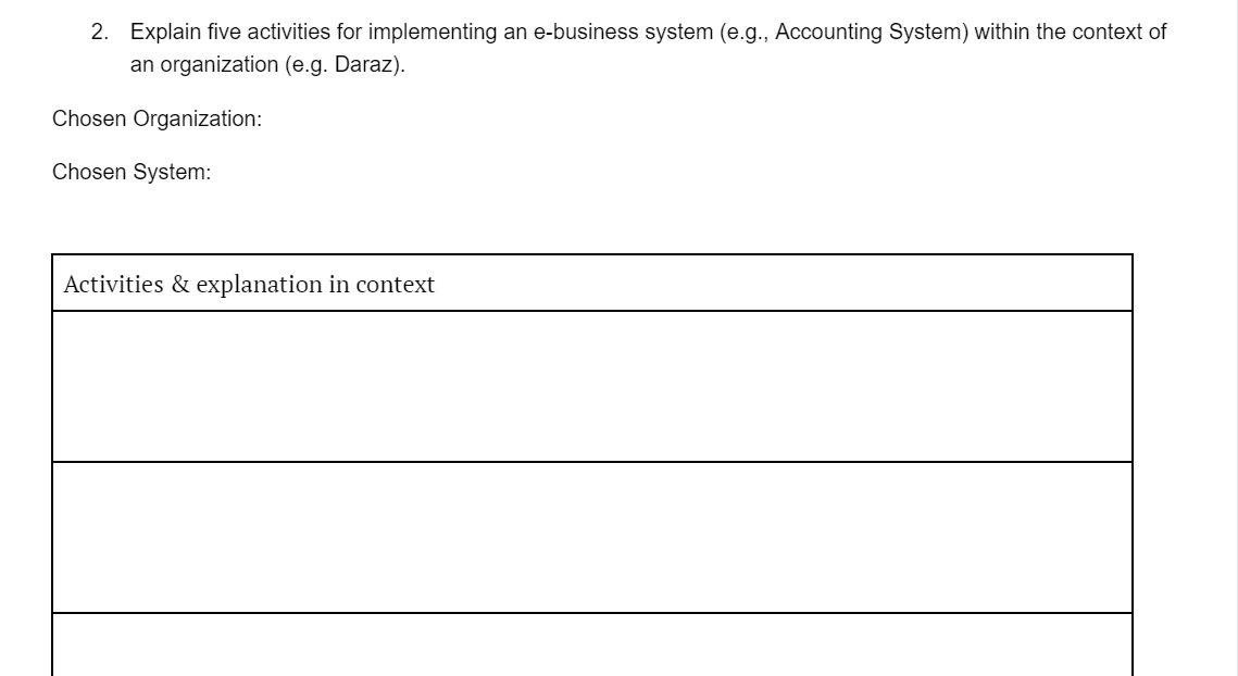 2. Explain five activities for implementing an