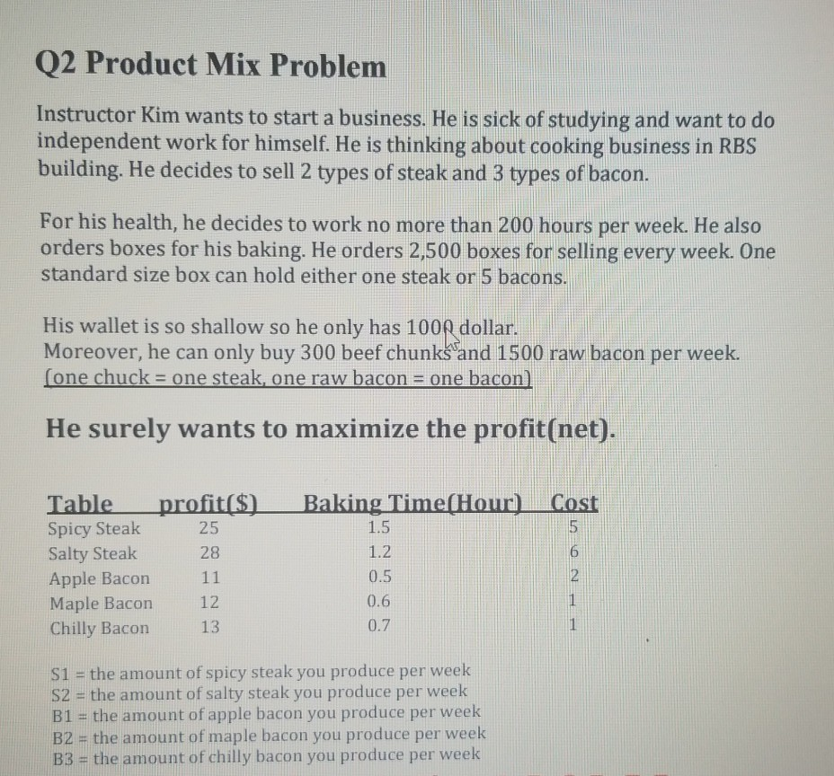 Q2 Product Mix Problem Instructor Kim wants to