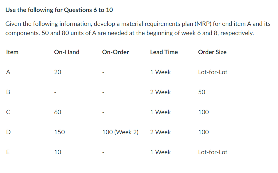 Use the following for Questions 6 to 10 Given the