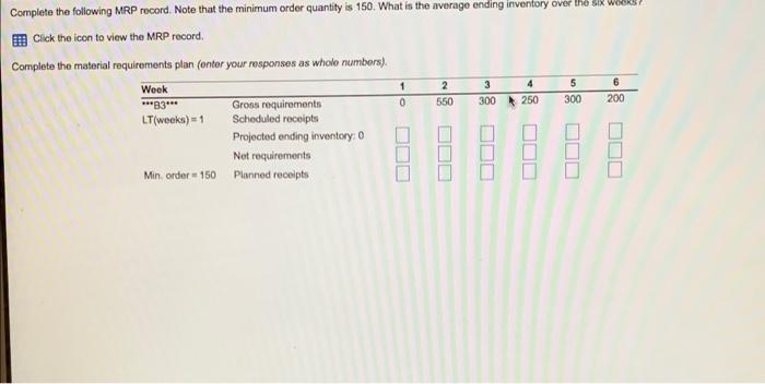 Complete the following MRP record. Note that the