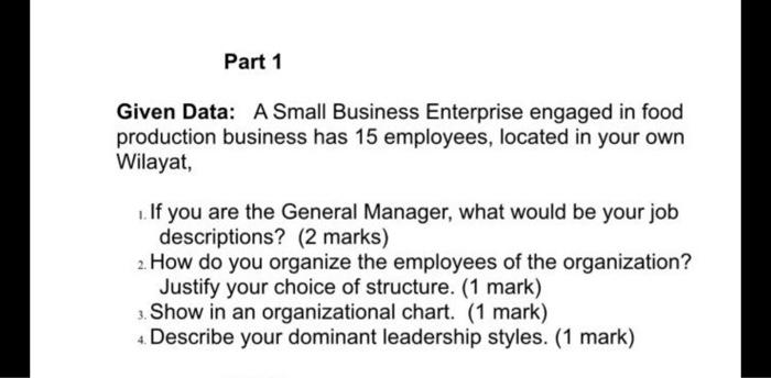 Part 1 Given Data: A Small Business Enterprise