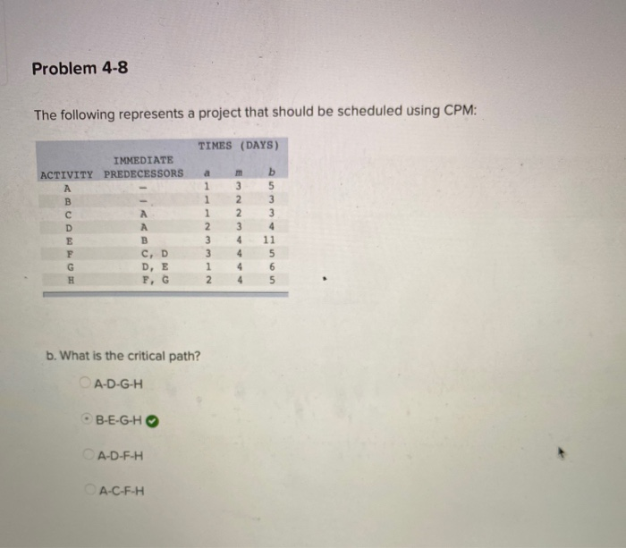 Problem 4-8 The following represents a project