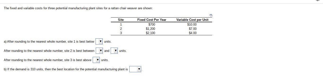 The fixed and variable costs for three potential