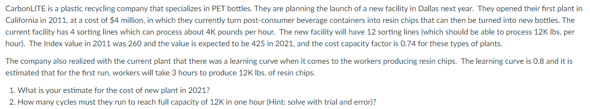 CarbonLITE is a plastic recycling company that
