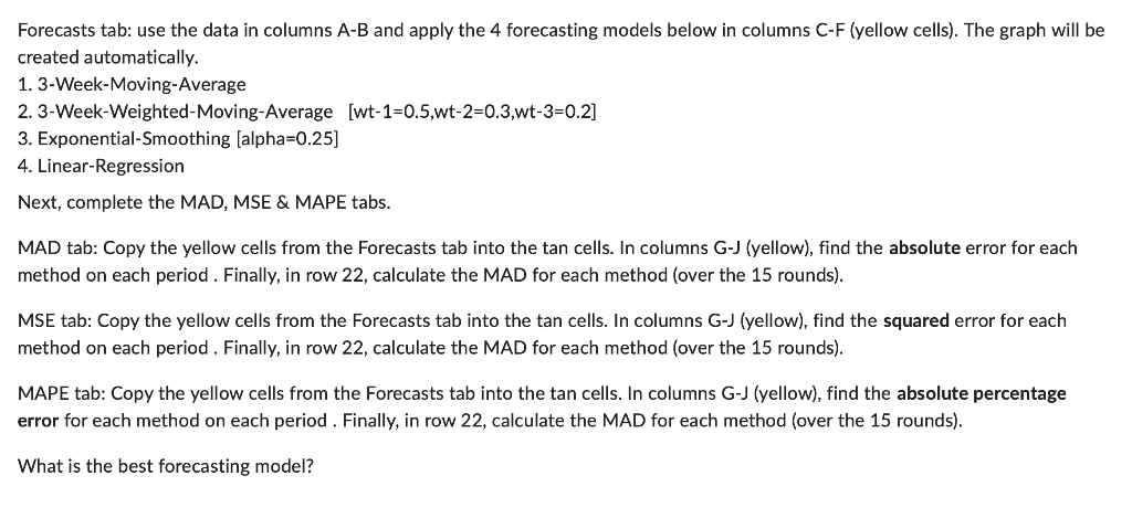 Forecasts tab: use the data in columns A-B and