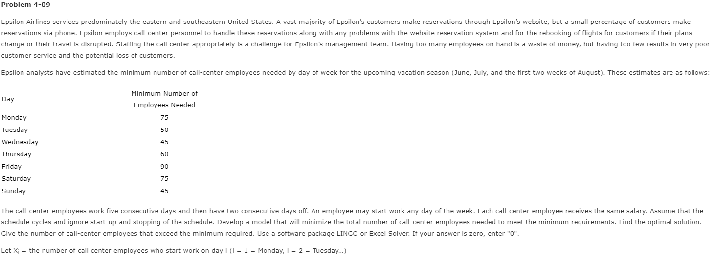 Problem 4-09 Epsilon Airlines services