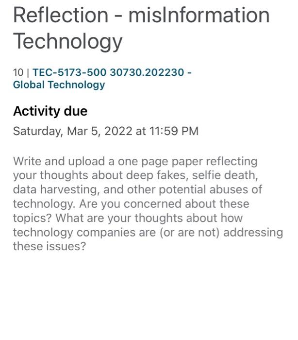 Write and upload a one page paper reflecting your