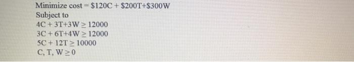 Minimize cost = $120C + $200T+$300W Subject to