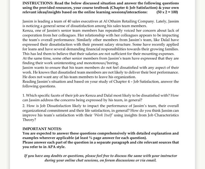 INSTRUCTIONS: Read the below discussed situation