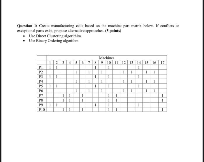 Question 1: Create manufacturing cells based on