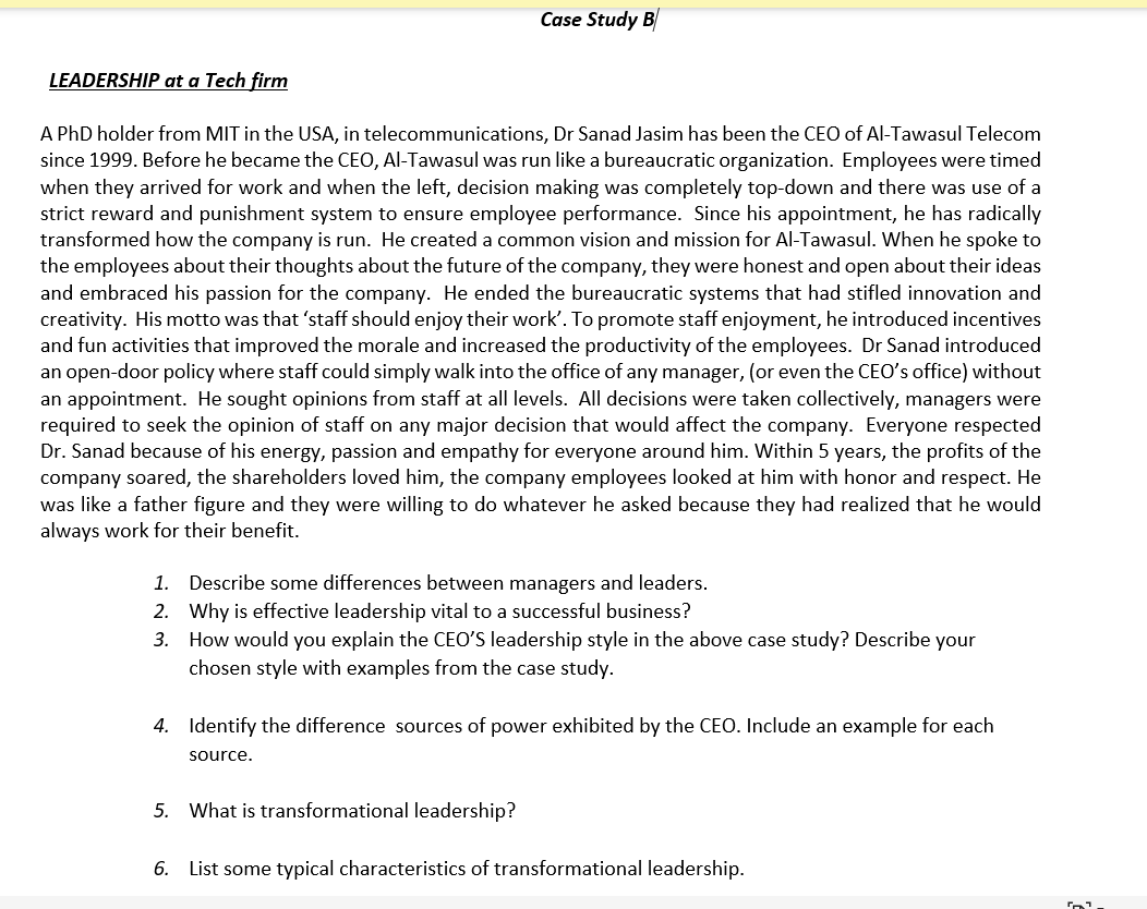 Case Study B LEADERSHIP at a Tech firm A PhD