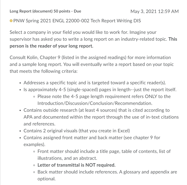 Long Report (document) 50 points - Due May 3,