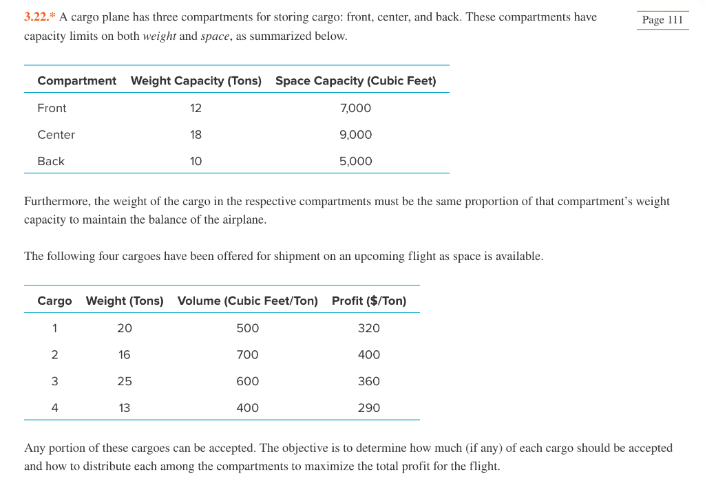 3.22.* A cargo plane has three compartments for