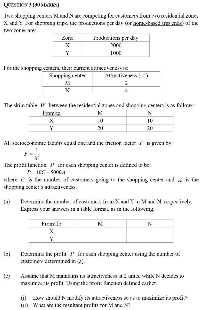 QUESTION 3 (30 MARKS) Two shopping centers M and