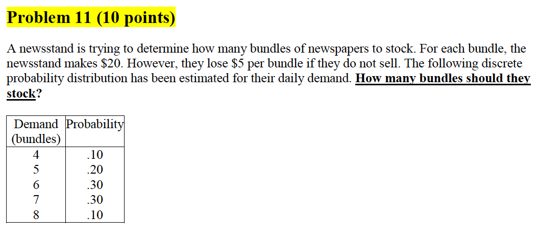 Problem 11 (10 points) A newsstand is trying to
