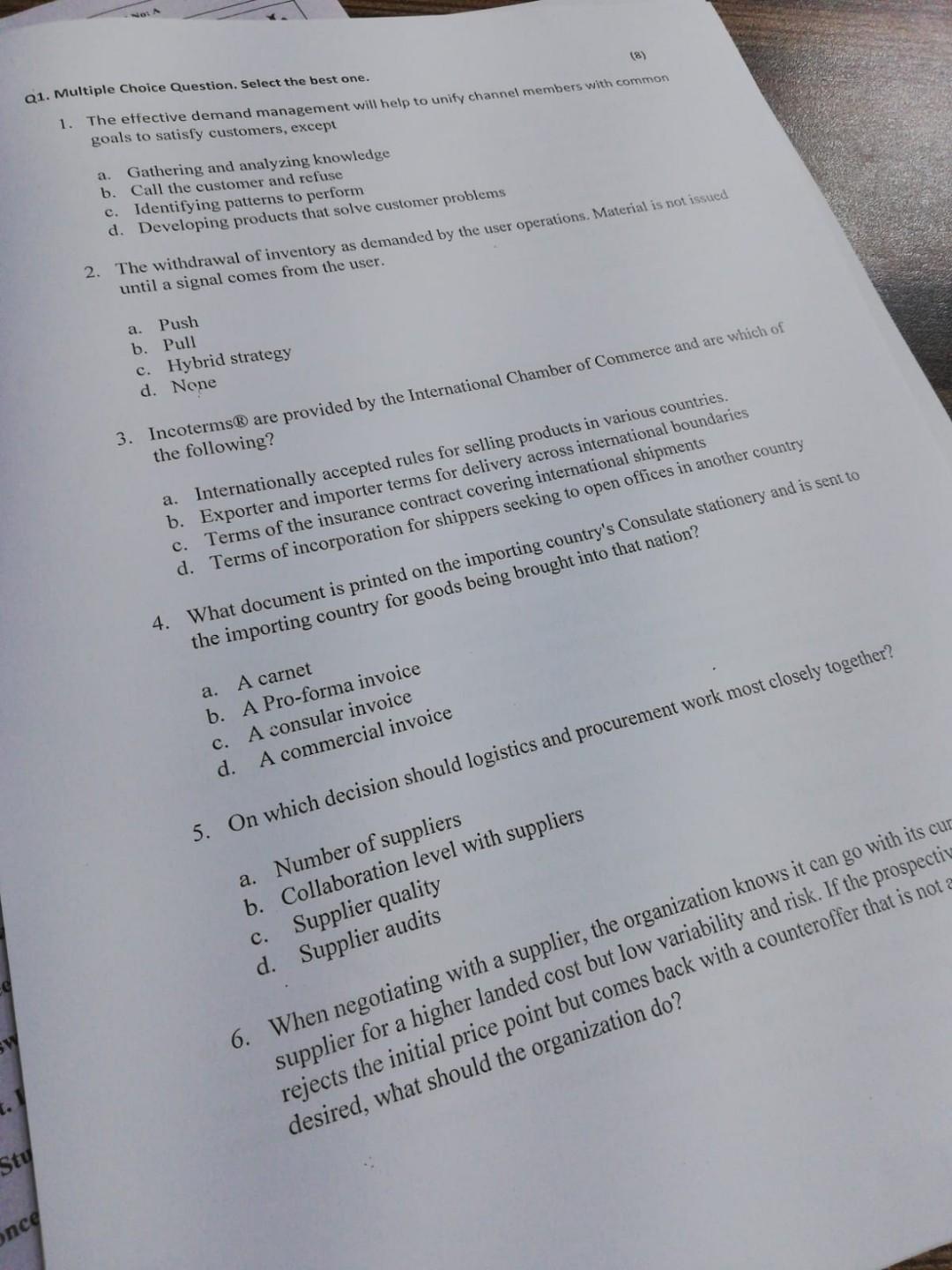 solve the mcqs of supply chain (8) a1. Multiple