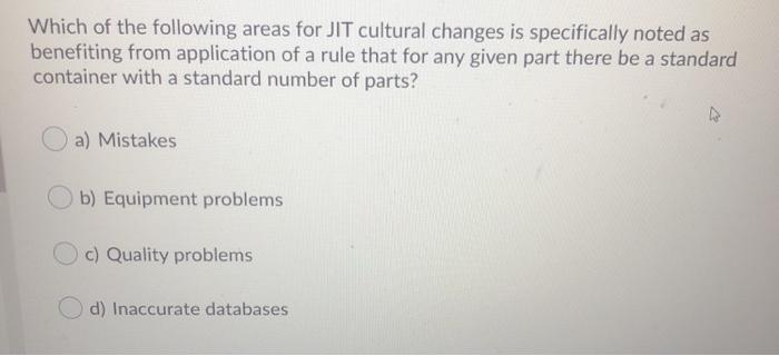 Which of the following areas for JIT cultural