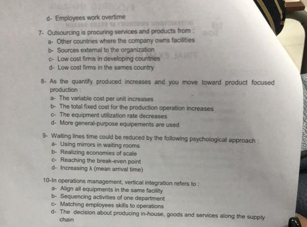 EXCERCISE 1 1- In a process layout it is