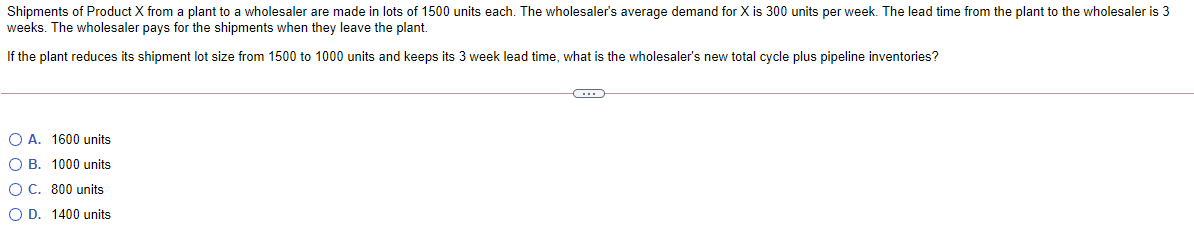 Shipments of Product X from a plant to a