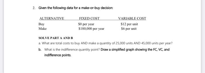2. Given the following data for a make-or-buy