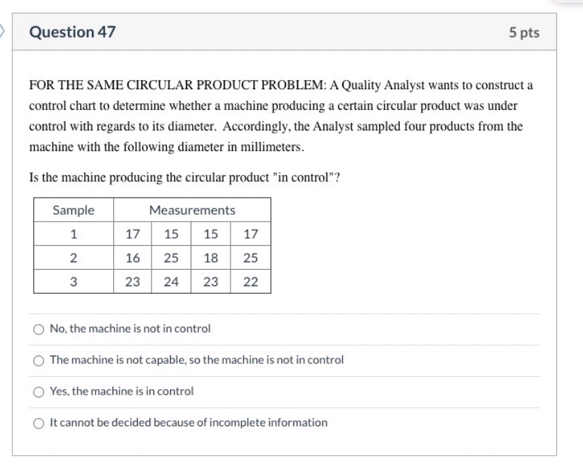 Question 47 5 pts FOR THE SAME CIRCULAR PRODUCT