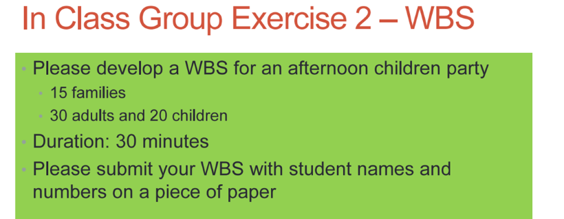 In Class Group Exercise 2 - WBS Please develop a