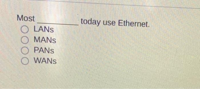 today use Ethernet. Most O LANs MANS PANs WANs