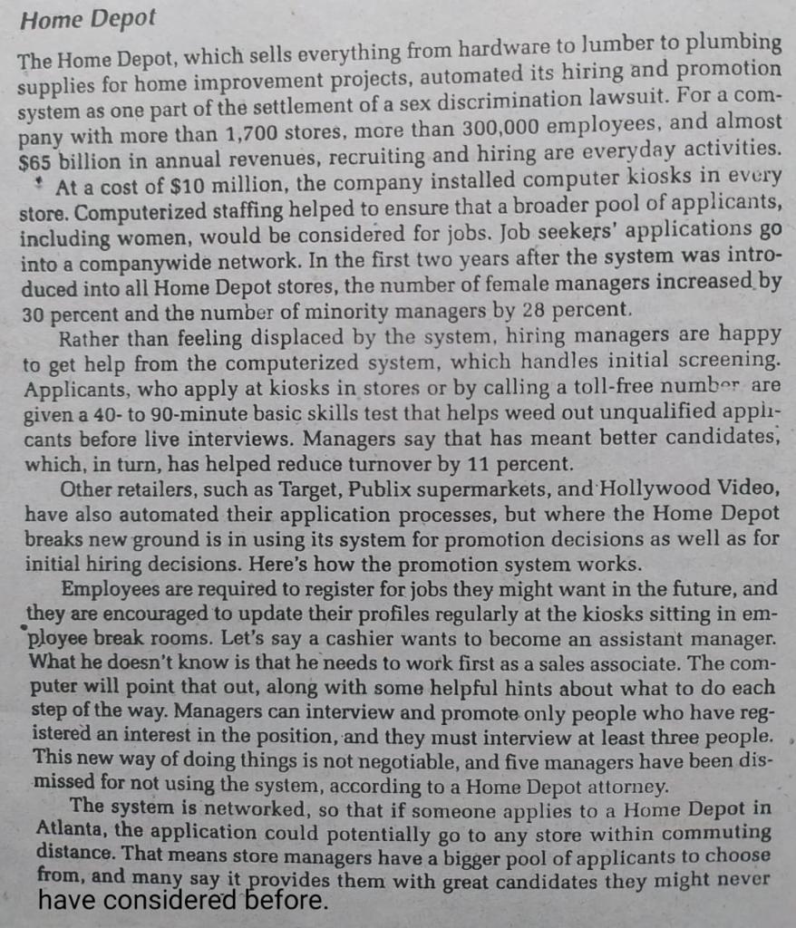 Read the case of Home depot carefully and answer