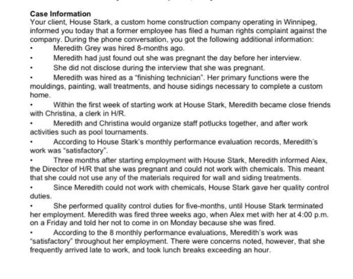 Case Information Your client, House Stark, a