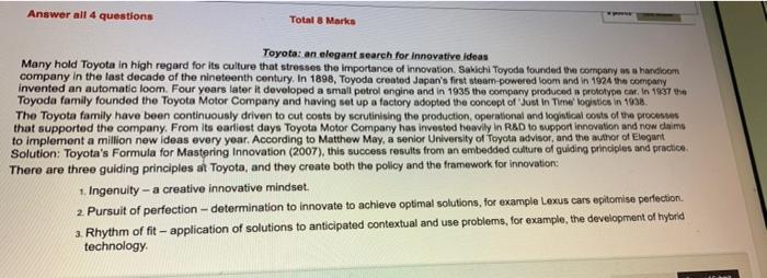 Answer all 4 questions Total 8 Marks Toyota: an
