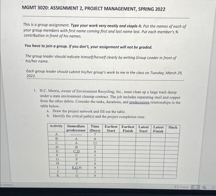 MGMT 3020: ASSIGNMENT 2, PROJECT MANAGEMENT,