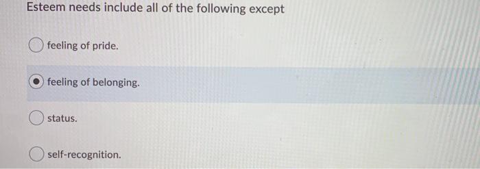 Esteem needs include all of the following except