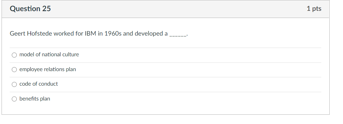 Question 25 1 pts Geert Hofstede worked for IBM